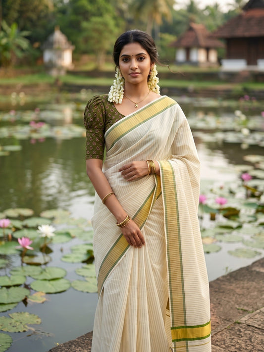 Southloom Pure Cotton Kerala Saree with Gold Kasavu Lines Across Body and Olive Green Border