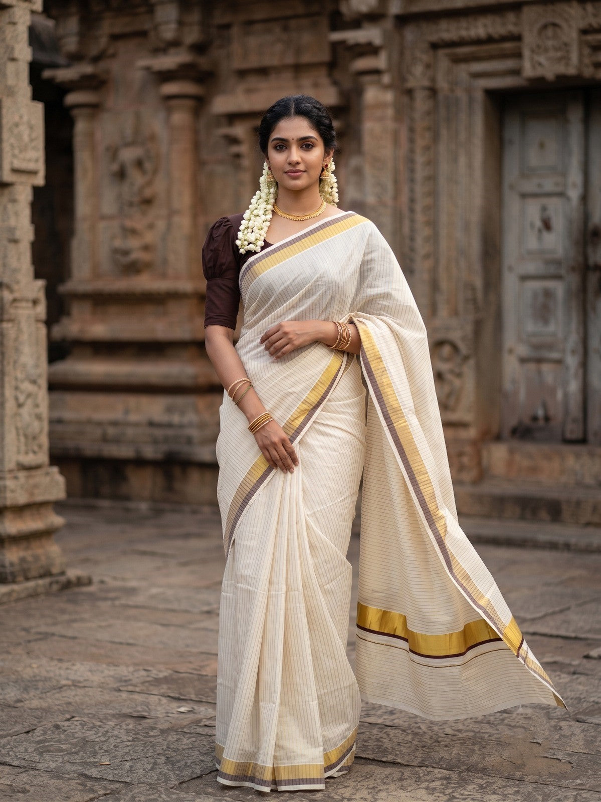 Southloom Pure Cotton Kerala Saree with Gold Kasavu Lines Across Body and Brown Border