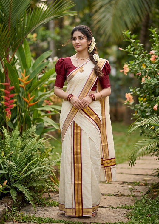 Southloom Kerala Cotton Set Mundu (Mundum Neriyathum) with Maroon and Kasavu Border 2.80 Mtrs SLKK SL522