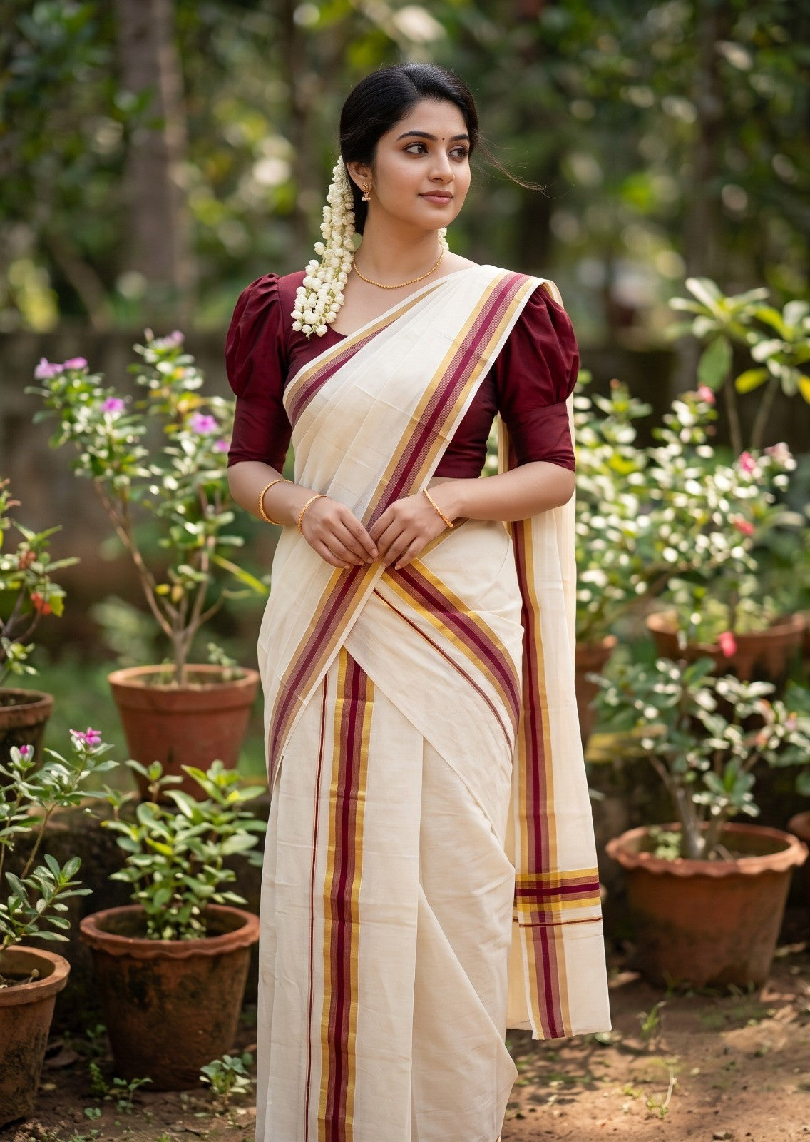 Southloom Kerala Cotton Mundum Neriyathum Single (Set Mundu) with Maroon and Kasavu Border 2.80 Mtrs SLKK