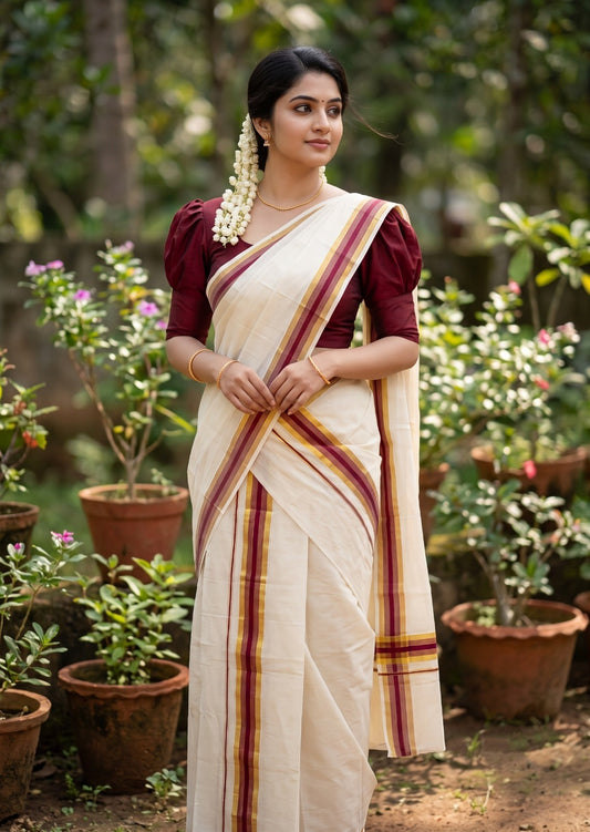 Southloom Kerala Cotton Mundum Neriyathum Single (Set Mundu) with Maroon and Kasavu Border 2.80 Mtrs SLKK