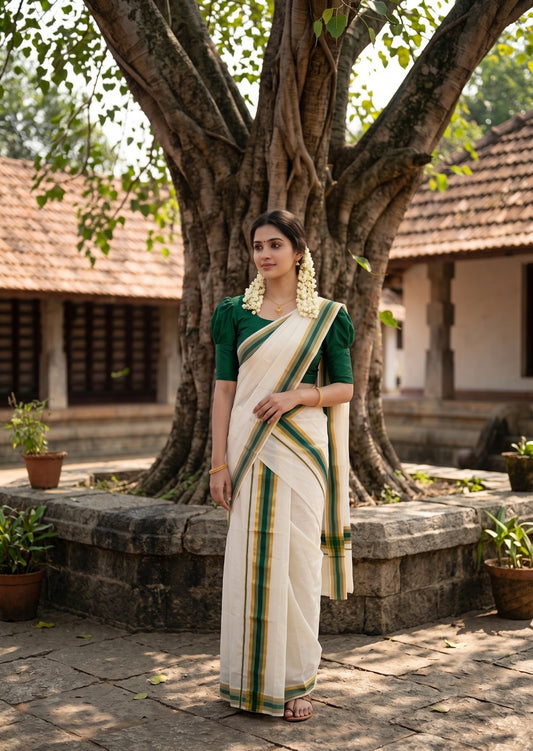 Southloom Kerala Cotton Mundum Neriyathum Single (Set Mundu) with Green and Kasavu Border 2.80 Mtrs SLKK