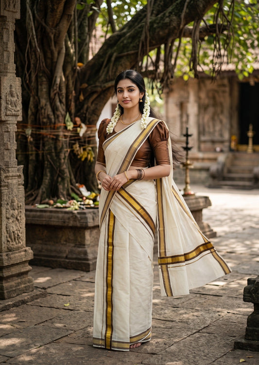 Kerala Cotton Set Mundu (Mundum Neriyathum) with Kasavu and Brown Border 2.80 Mtrs SLKK SL470
