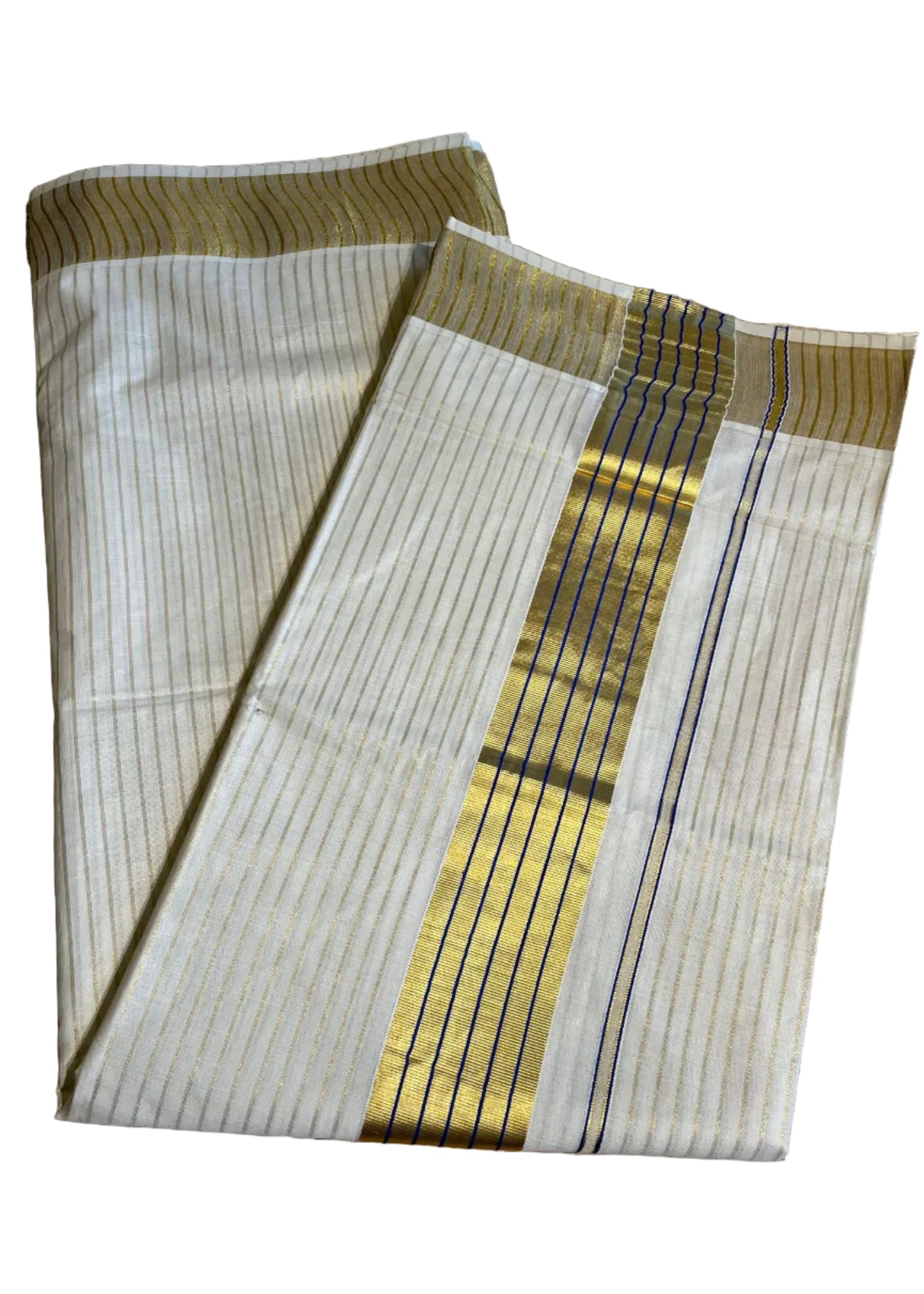 Southloom Kerala Cotton Kasavu Saree With Stripes On The Body(Blue) SL520