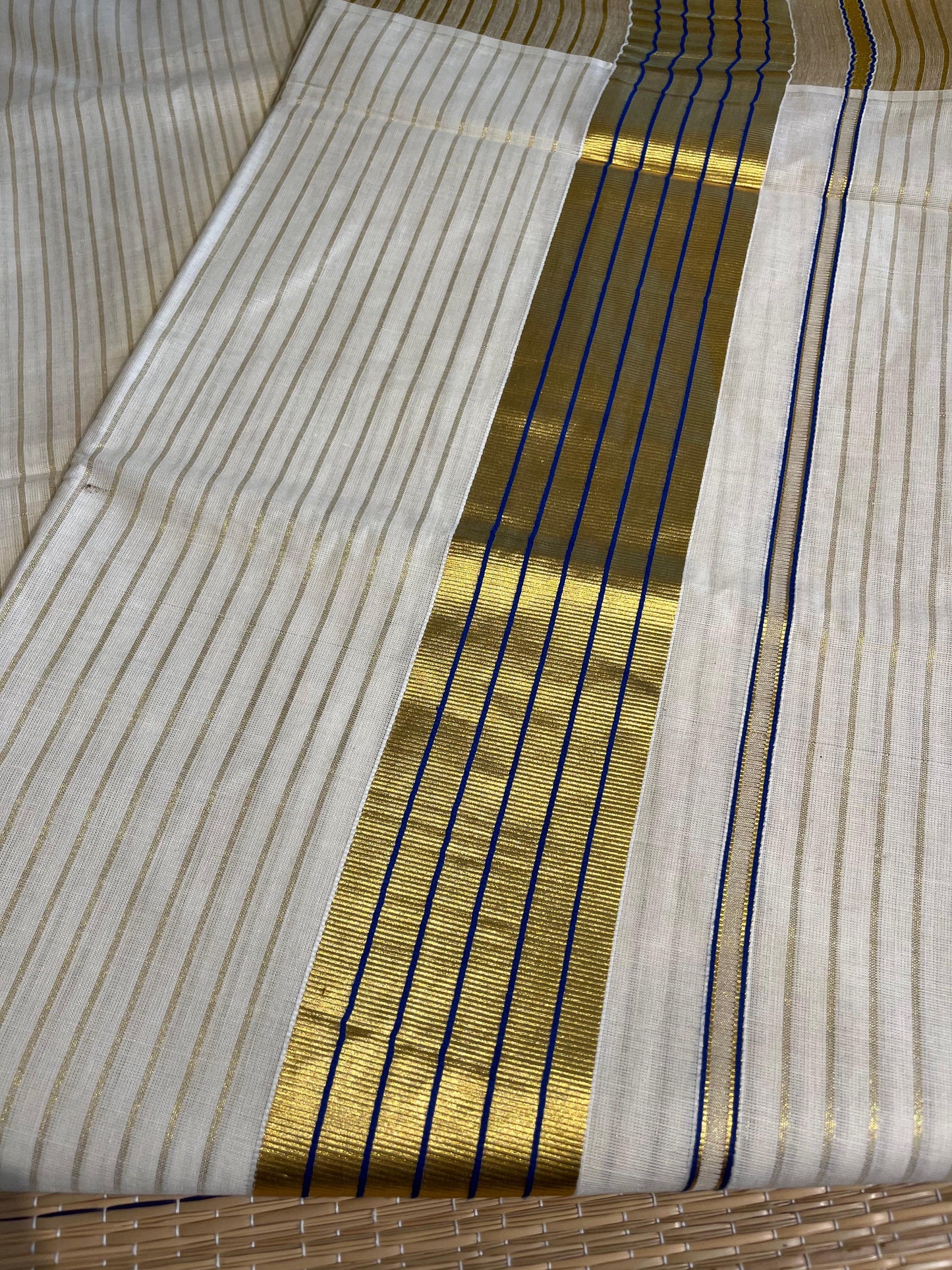 Southloom Kerala Cotton Kasavu Saree With Stripes On The Body(Blue) SL520