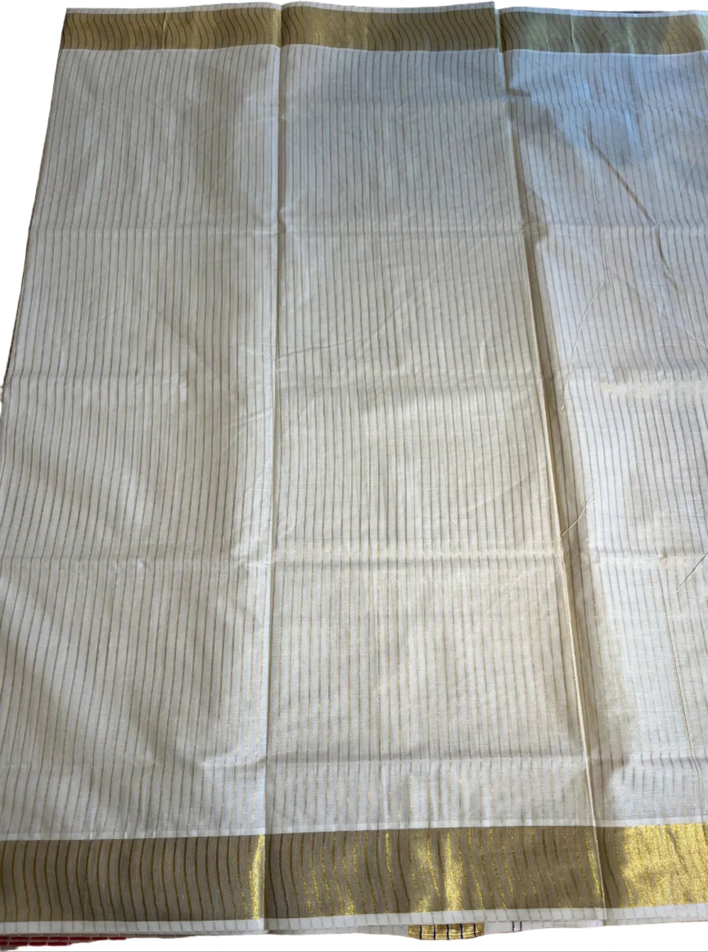 Southloom Kerala Cotton Kasavu Saree With Stripes On The Body(Blue) SL520