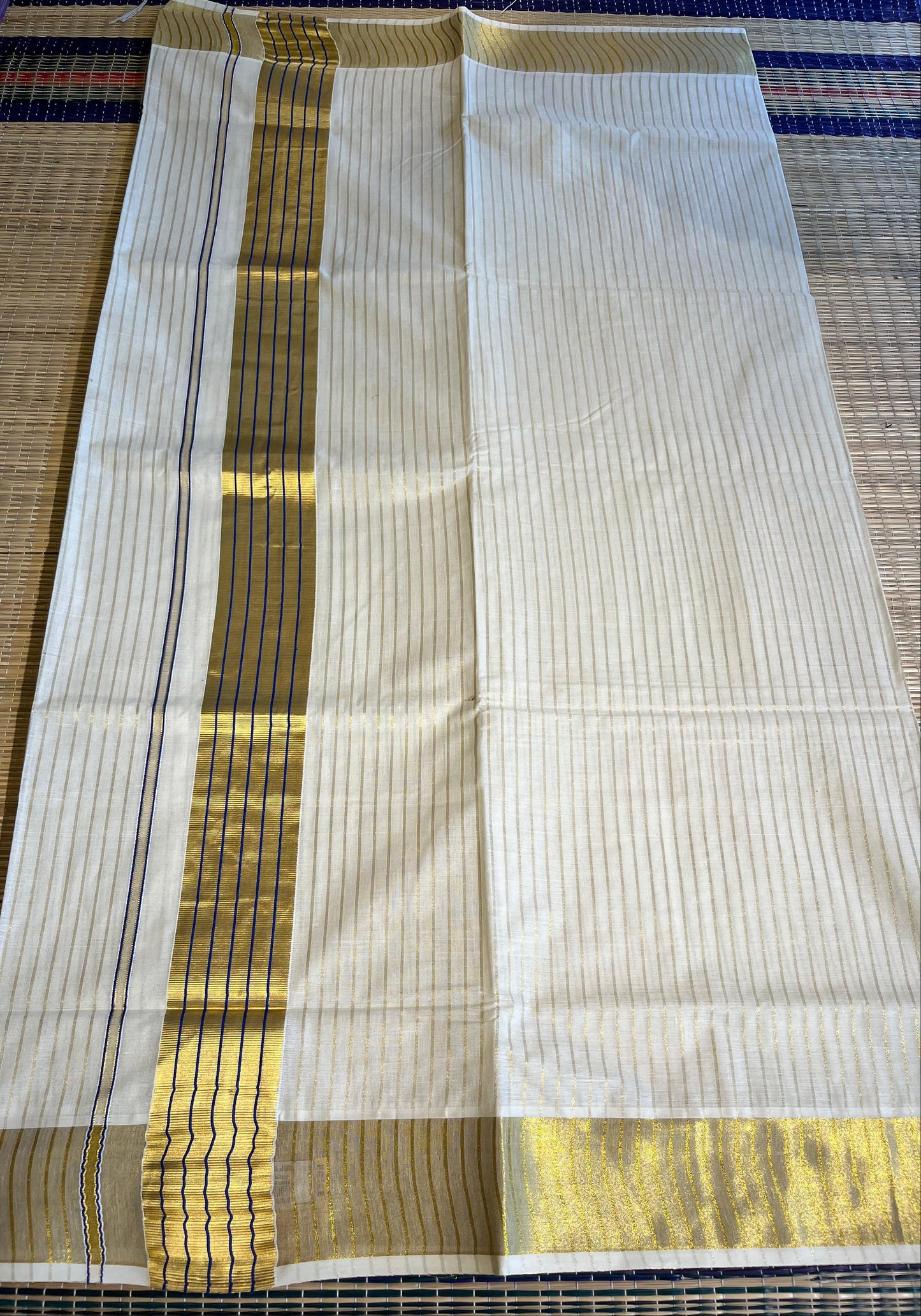 Southloom Kerala Cotton Kasavu Saree With Stripes On The Body(Blue) SL520
