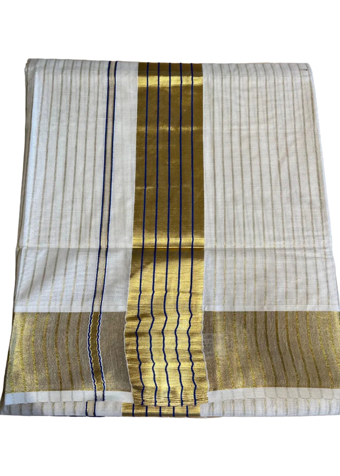 Southloom Kerala Cotton Kasavu Saree With Stripes On The Body(Blue) SL520