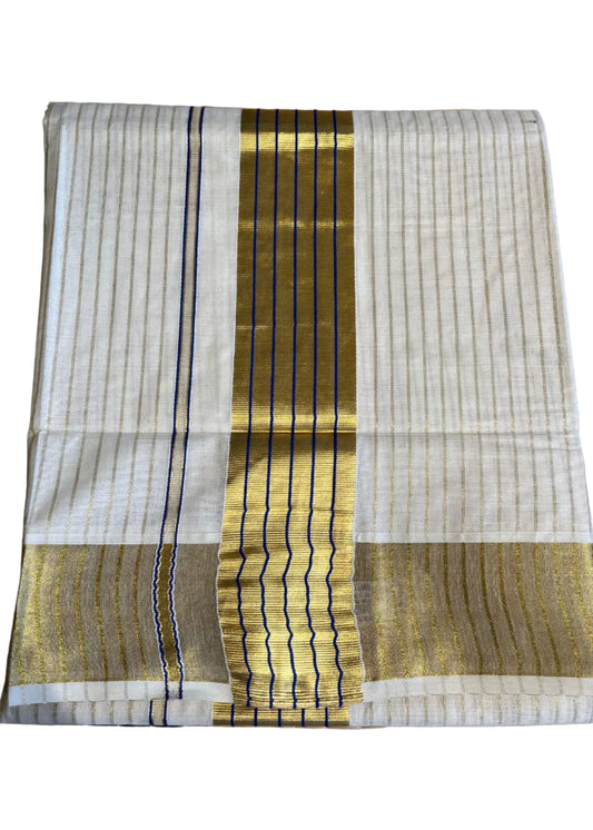 Southloom Kerala Cotton Kasavu Saree With Stripes On The Body(Blue) SL520