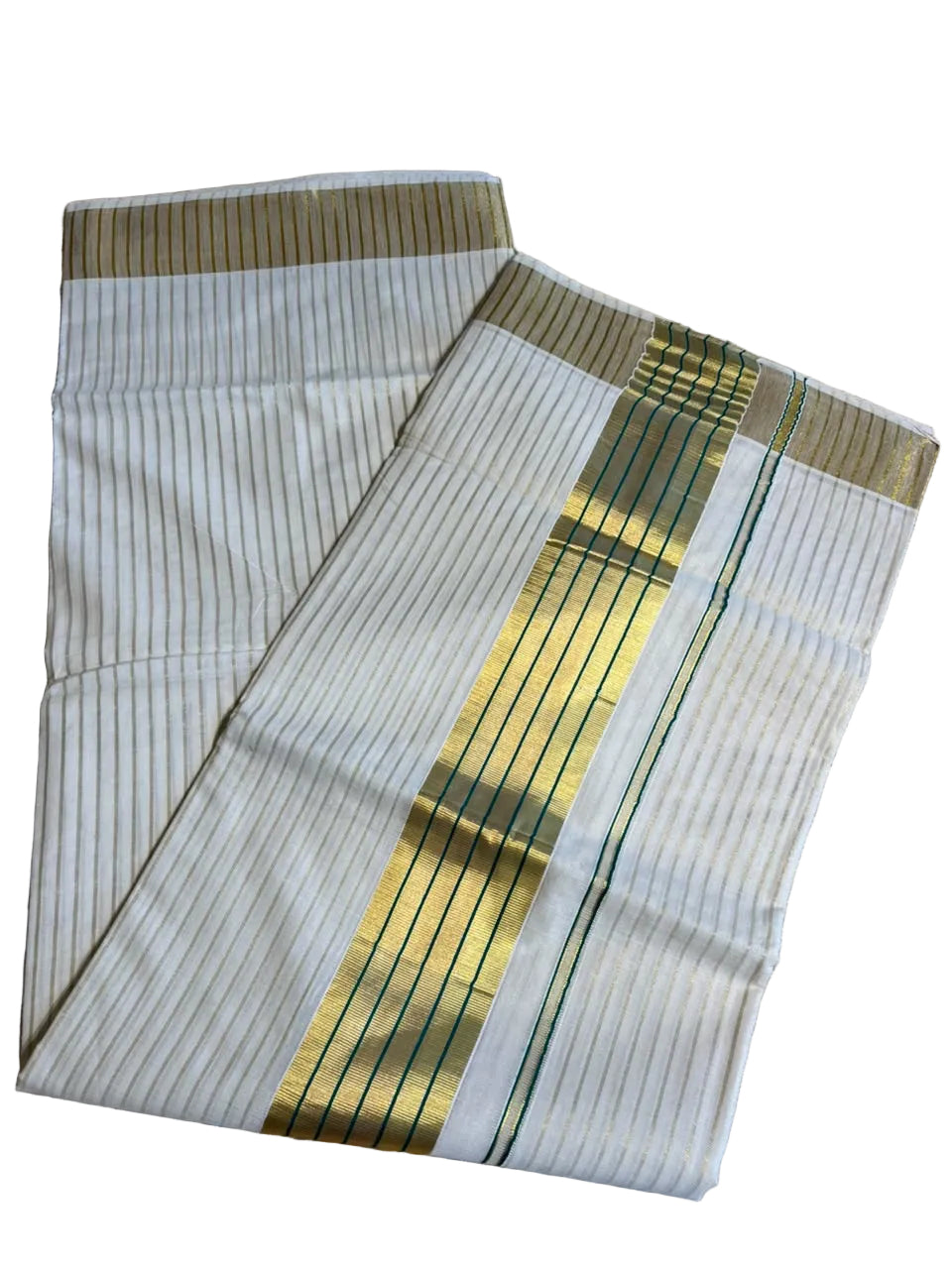Southloom Kerala Cotton Kasavu Saree With Stripes On The Body(Green) SL520