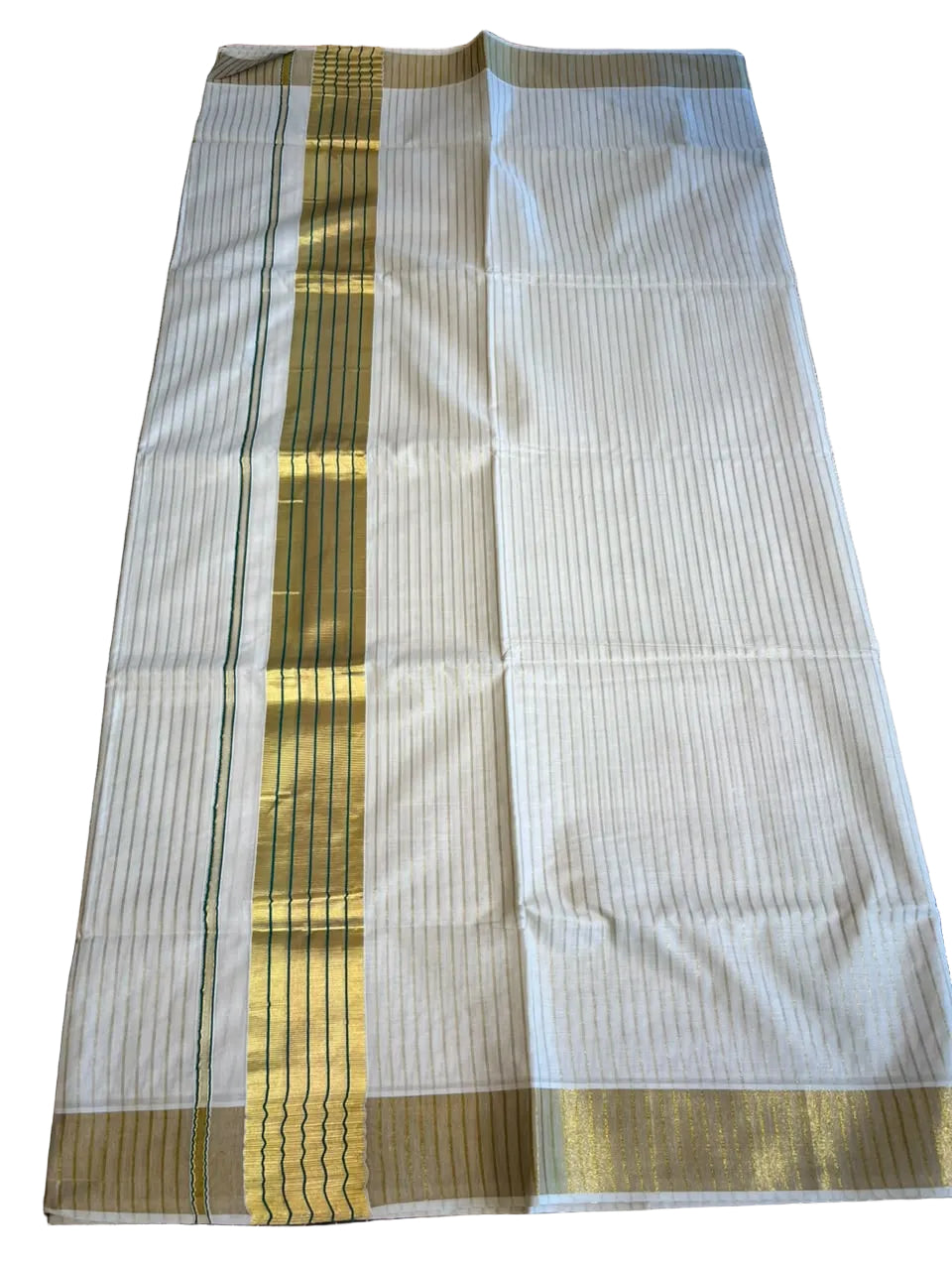 Southloom Kerala Cotton Kasavu Saree With Stripes On The Body(Green) SL520