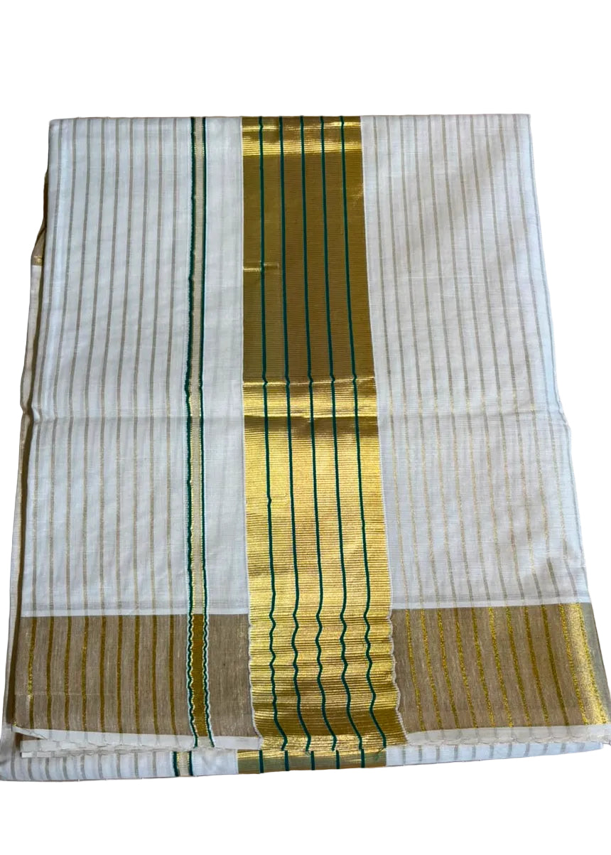Southloom Kerala Cotton Kasavu Saree With Stripes On The Body(Green) SL520