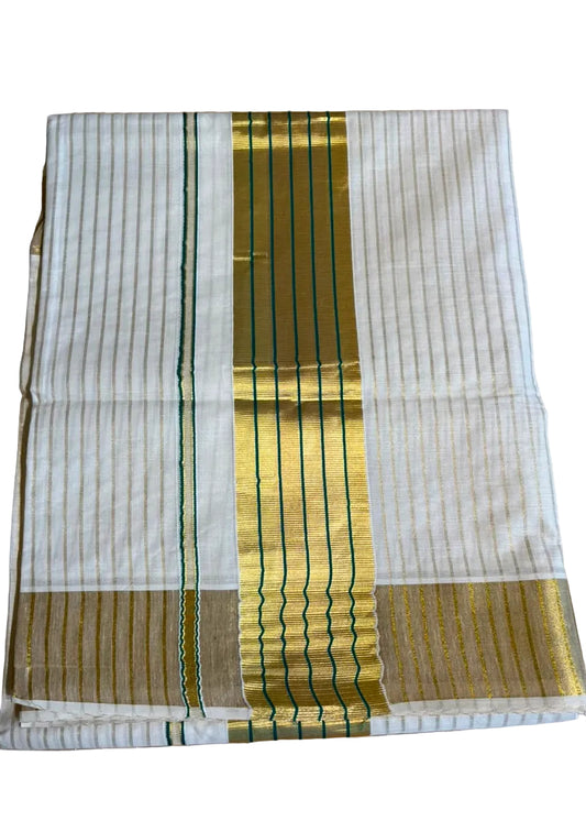 Southloom Kerala Cotton Kasavu Saree With Stripes On The Body(Green) SL520