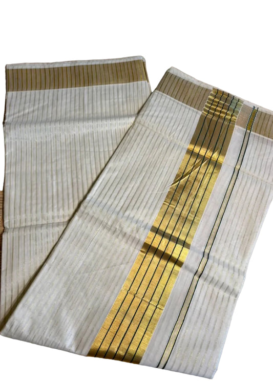 Southloom Kerala Cotton Kasavu Saree With Stripes On The Body(Bottle Green) SL520