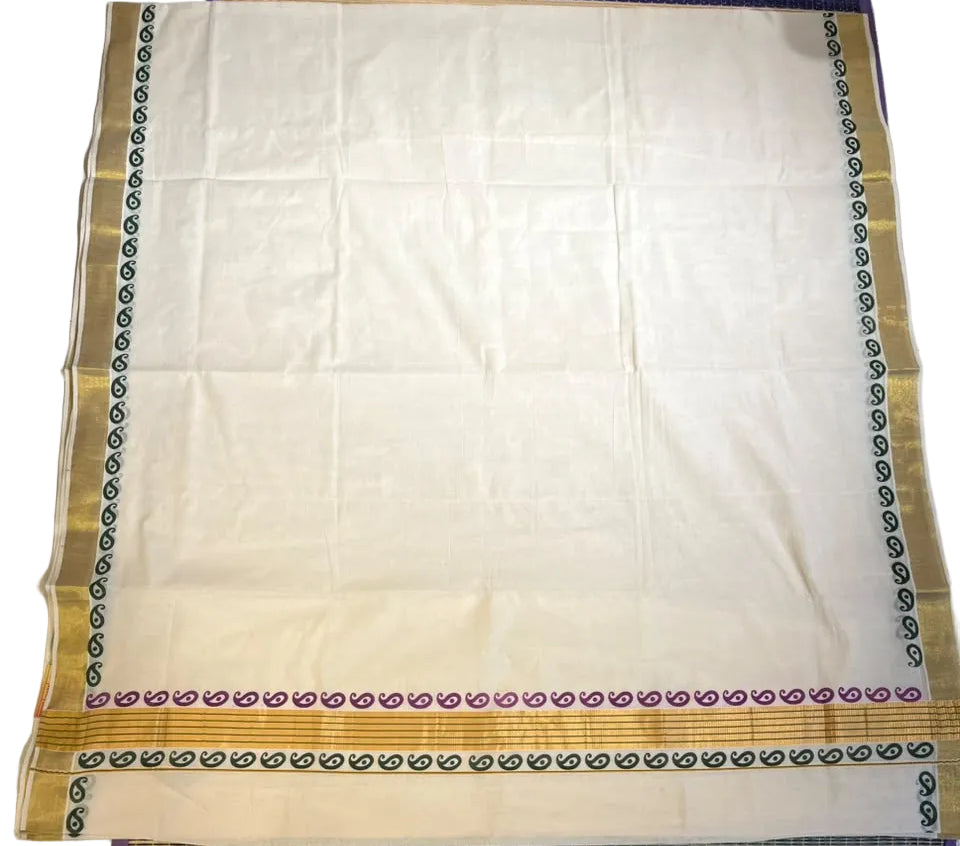 Kerala Cotton Printed Saree With Golden Kasavu Border SL531