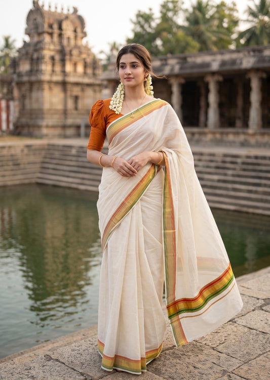 Southloom Kerala Cotton Kasavu Saree with Olive Green And Orange Border SL529