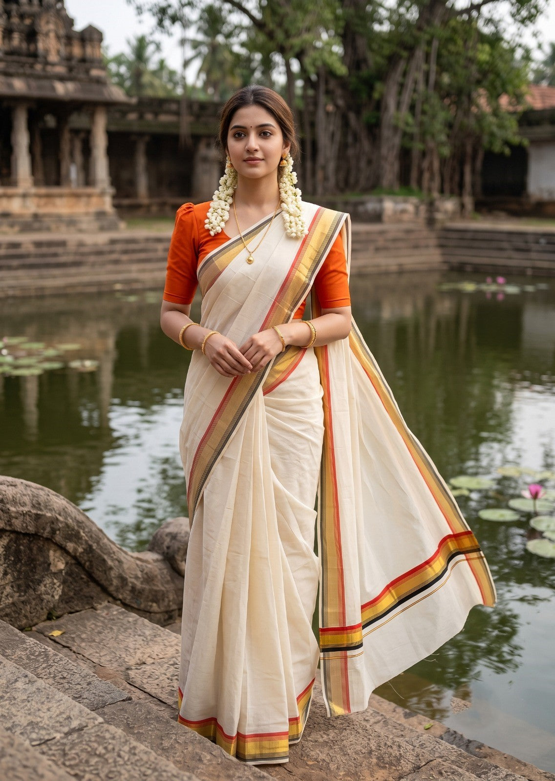 Southloom Kerala Cotton Kasavu Saree with Black And Orange Border