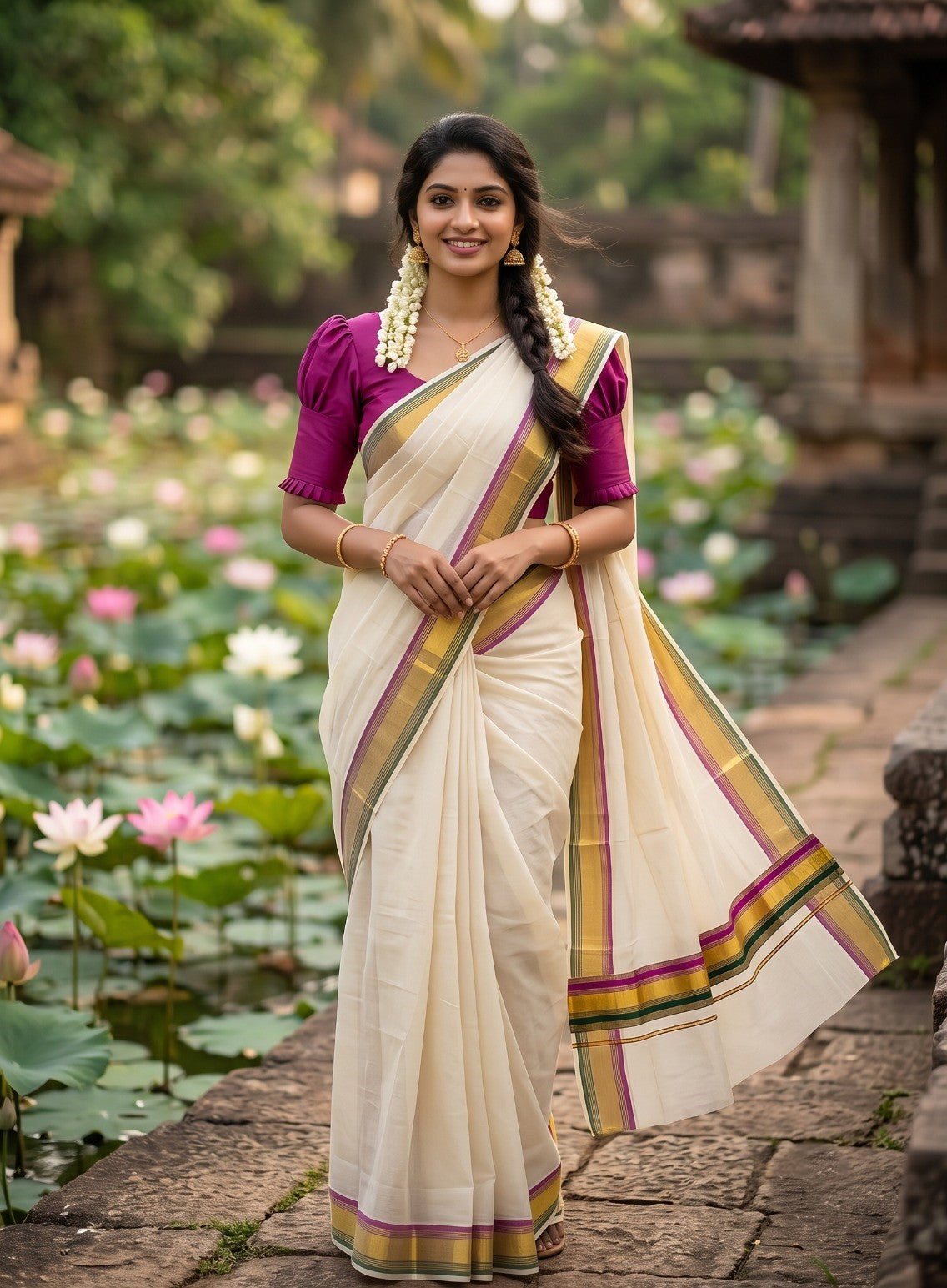 Southloom Kerala Cotton Kasavu Saree with Green And Magenta Border