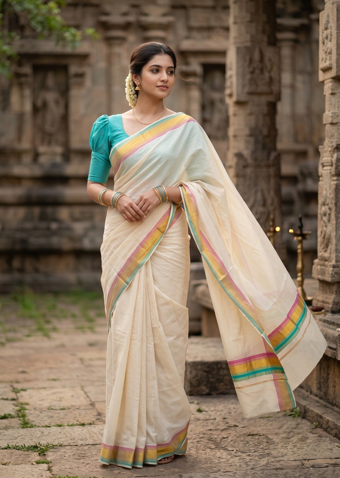 Southloom Kerala Cotton Kasavu Saree with Turquoise And Light Pink Border