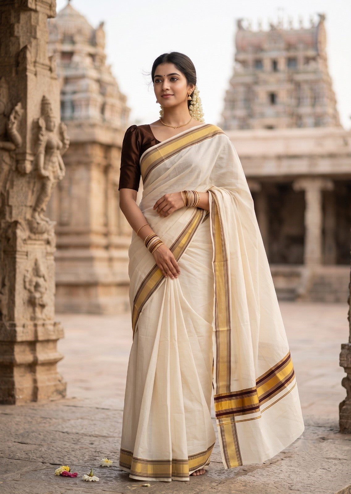 Southloom Kerala Cotton Kasavu Saree with Brown Border