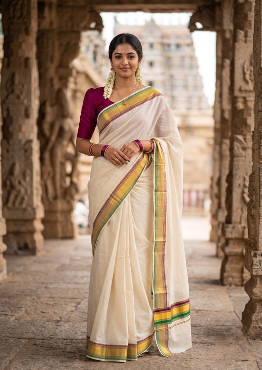 Southloom Kerala Cotton Kasavu Saree with Green And Purple Border SL529