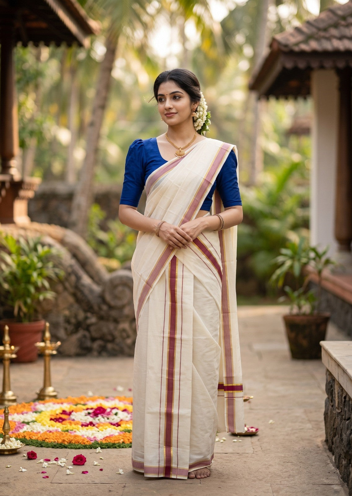Southloom Kerala Cotton Set Mundu (Mundum Neriyathum) with Kasavu and Blue & Pink Lines Border 2.80 Mtrs SLKK SL470