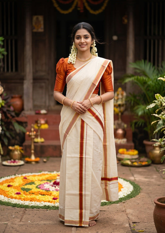 Southloom Kerala Cotton Set Mundu (Mundum Neriyathum) with Kasavu and Black & Orange Lines Border 2.80 Mtrs SLKK SL470