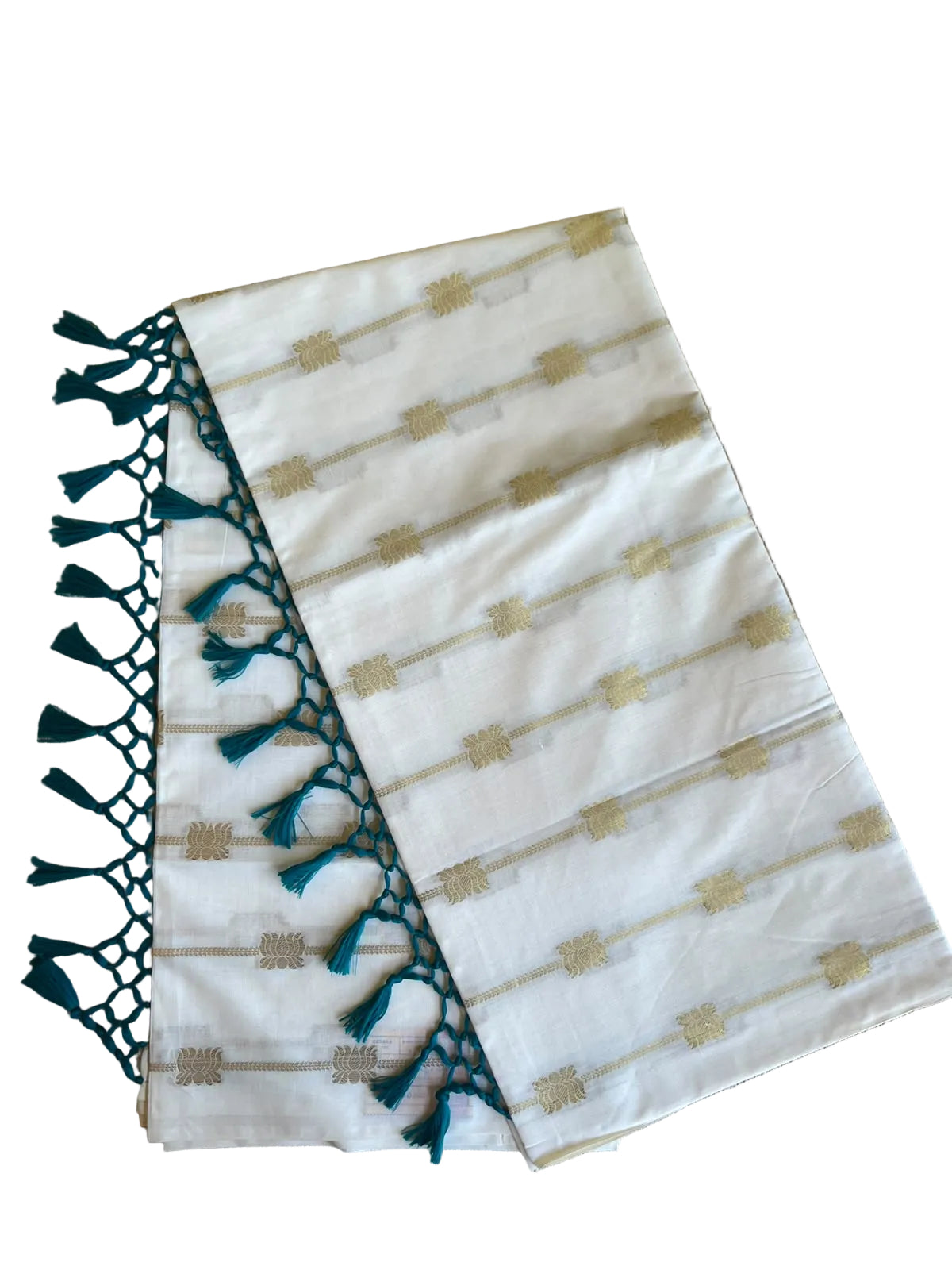 Southloom Kerala Cotton Lotus Design Saree With Turquoise Blue  Tassels SL532