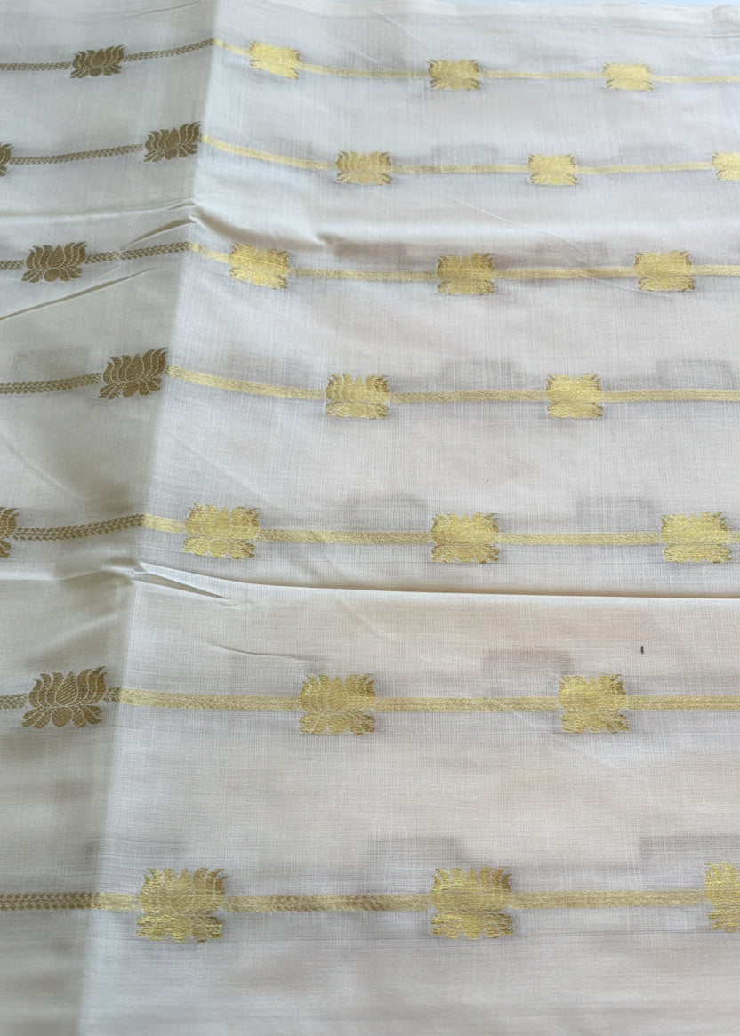 Southloom Kerala Cotton Lotus Design Saree With Turquoise Blue  Tassels SL532