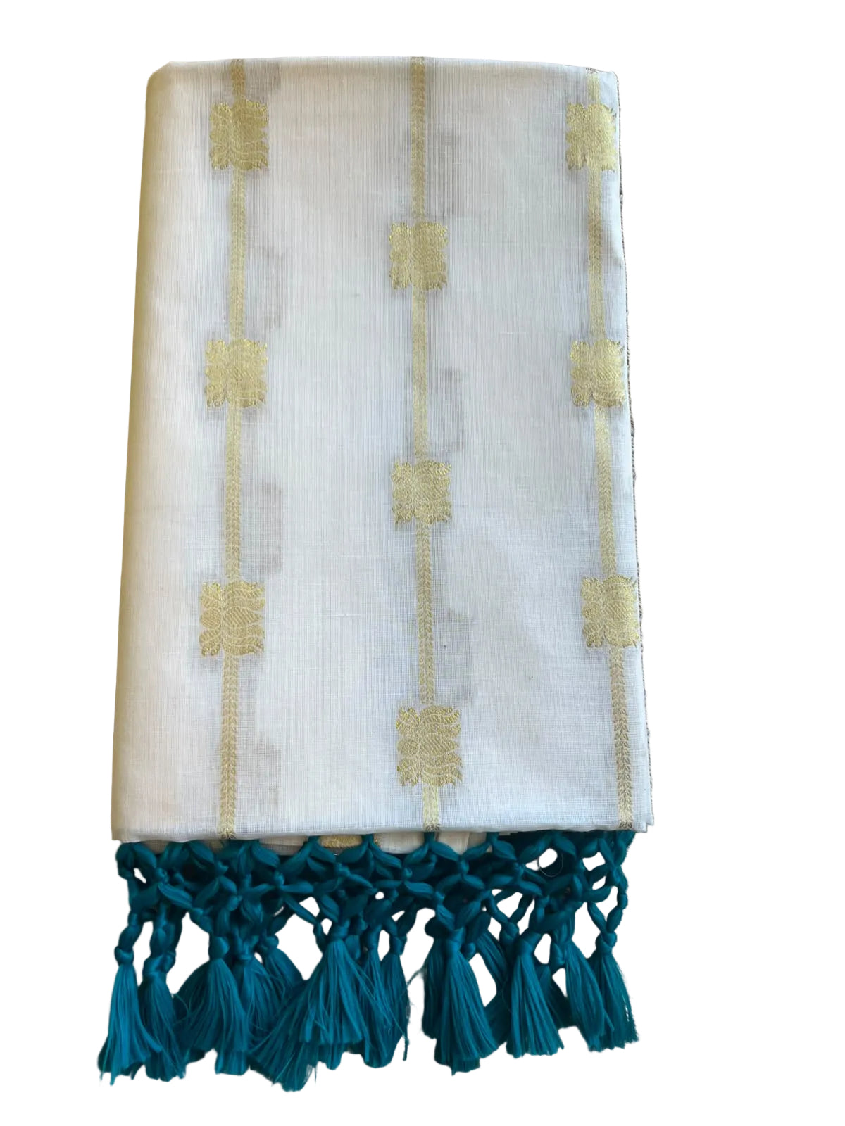 Southloom Kerala Cotton Lotus Design Saree With Turquoise Blue  Tassels SL532