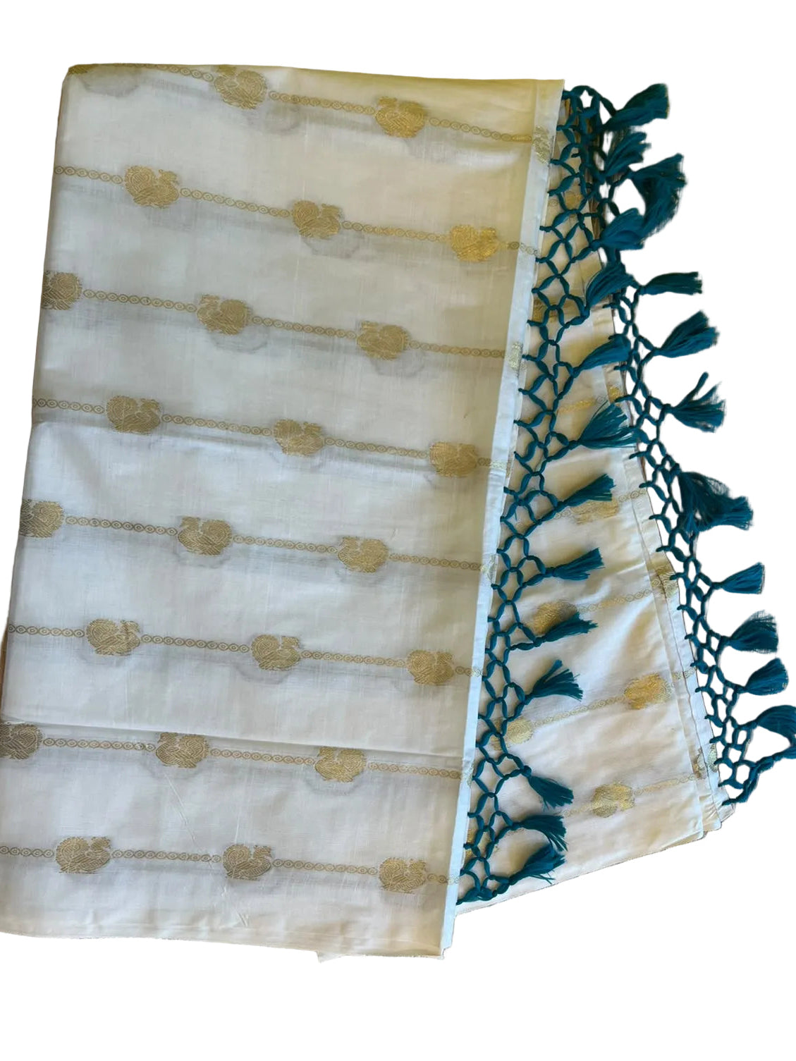 Southloom Kerala Cotton Peacock Design Saree With Turquoise Blue Tassels SL534
