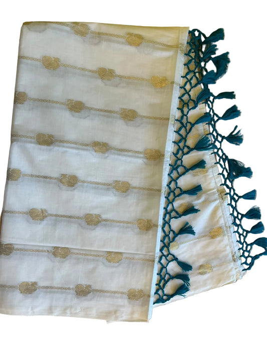 Southloom Kerala Cotton Peacock Design Saree With Turquoise Blue Tassels SL534
