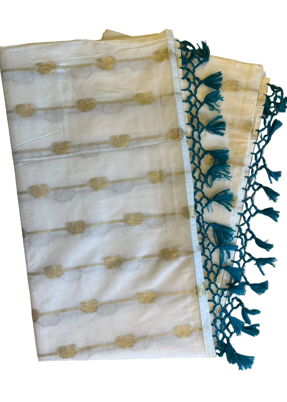 Southloom Kerala Cotton Peacock Design Saree With Turquoise Blue Tassels SL534