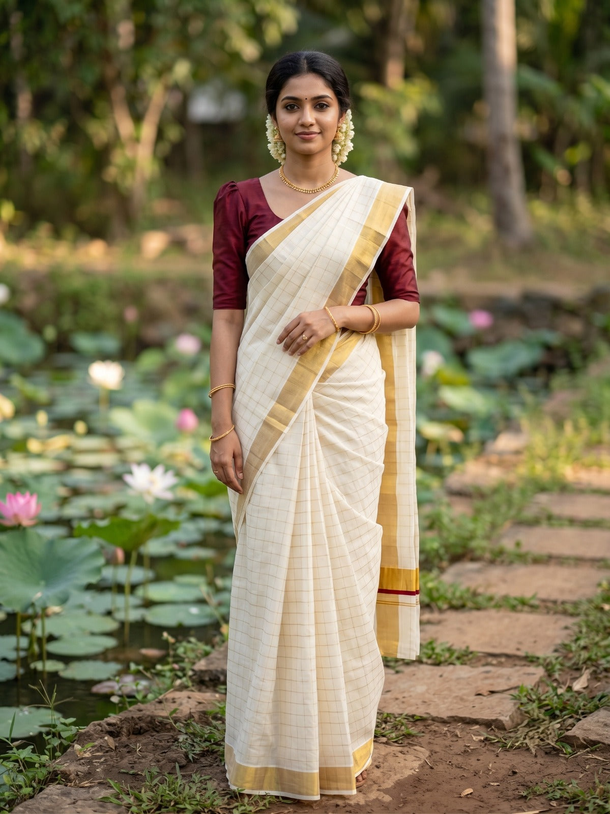 Southloom Pure Cotton  Kerala  Kasavu Woven Check Saree with Maroon Border