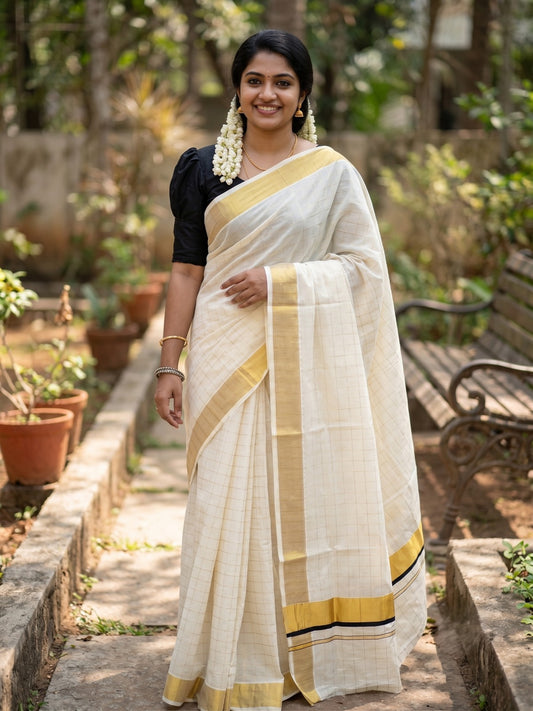 Southloom Pure Cotton  Kerala  Kasavu Woven Check Saree with Black Border