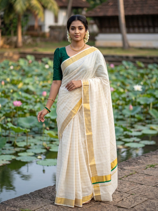 Southloom Pure Cotton  Kerala  Kasavu Woven Check Saree with Green Border