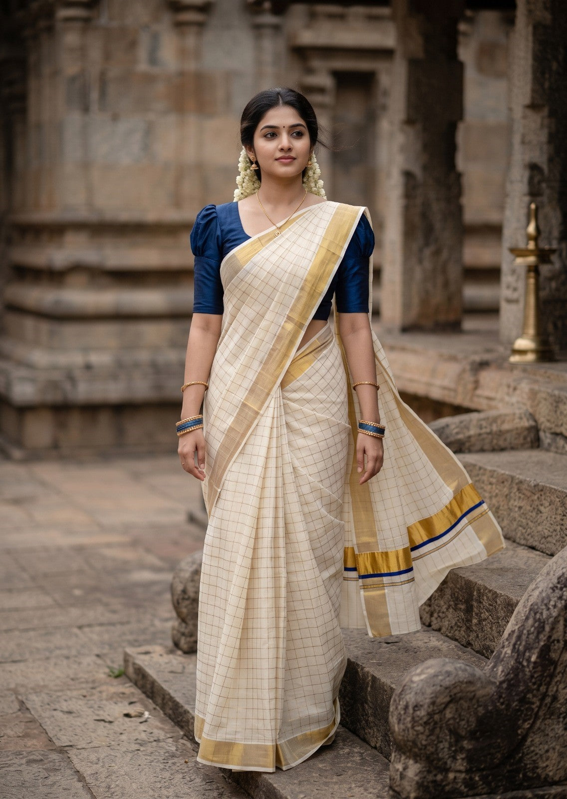 Southloom Pure Cotton  Kerala  Kasavu Woven Check Saree with Blue Border