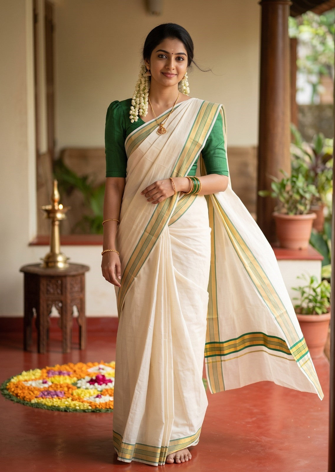 Southloom Kerala Cotton Kasavu Saree with Green Border