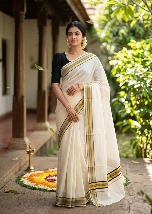 Southloom Kerala Cotton Kasavu Saree with Black Border