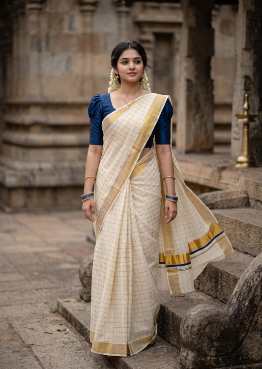 Southloom Pure Cotton  Kerala  Kasavu Woven Check Saree with Blue Border