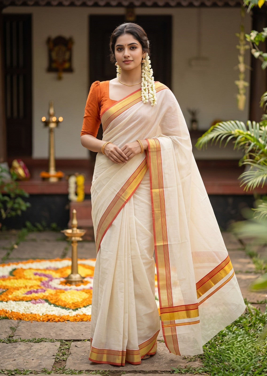 Southloom Kerala Cotton Kasavu Saree with Orange Border