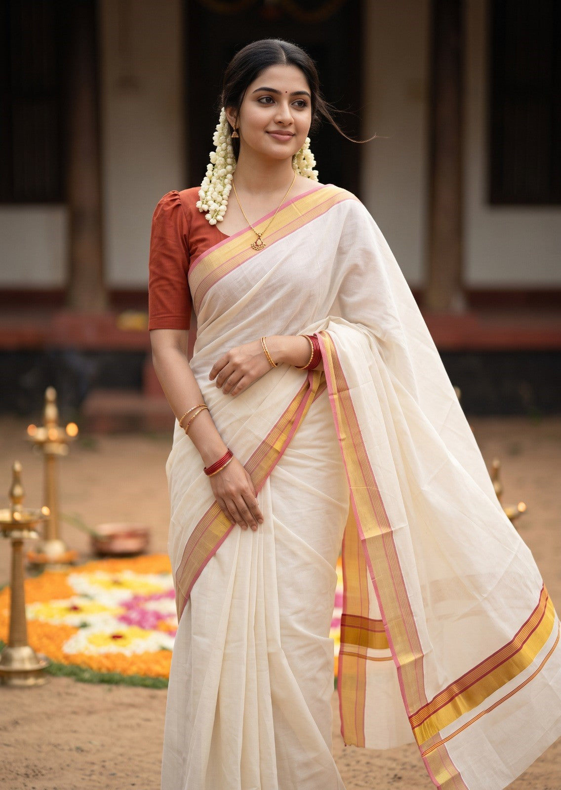 Southloom Kerala Cotton Kasavu Saree with Brick Red Border