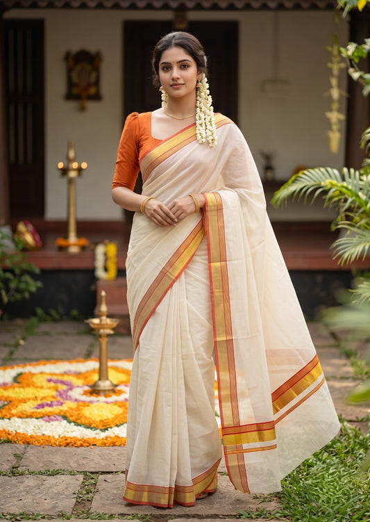 Southloom Kerala Cotton Kasavu Saree with Orange Border
