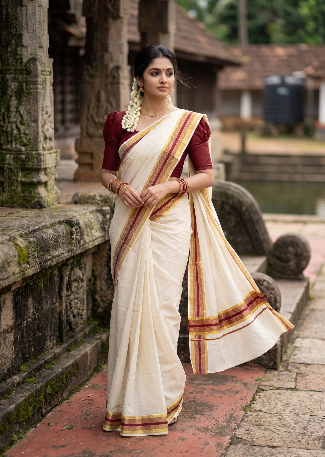 Southloom Kerala Pure Cotton Saree with Kasavu and Maroon Border