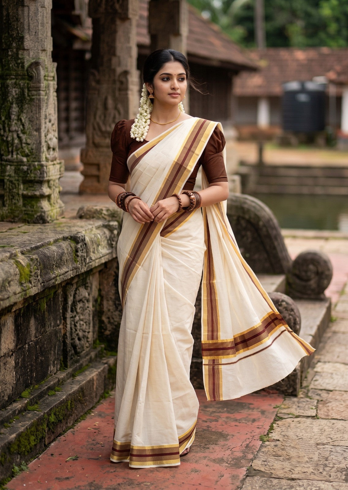 Southloom Pure Cotton Kerala Saree with Kasavu and Brown Border