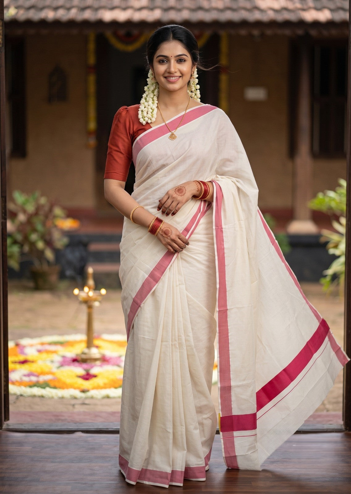 Southloom Kerala Pure Cotton Plain Kasavu Saree with Brike Red Border 3 inch