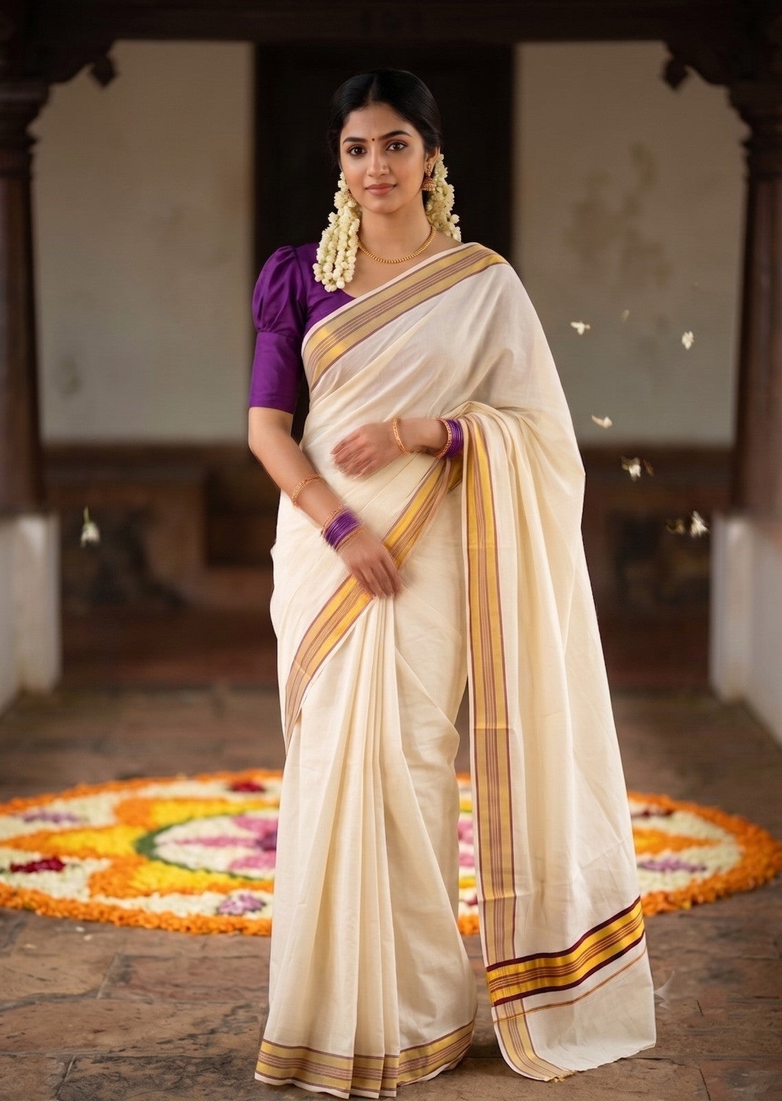 Southloom Kerala Cotton Kasavu Saree with Purple Border