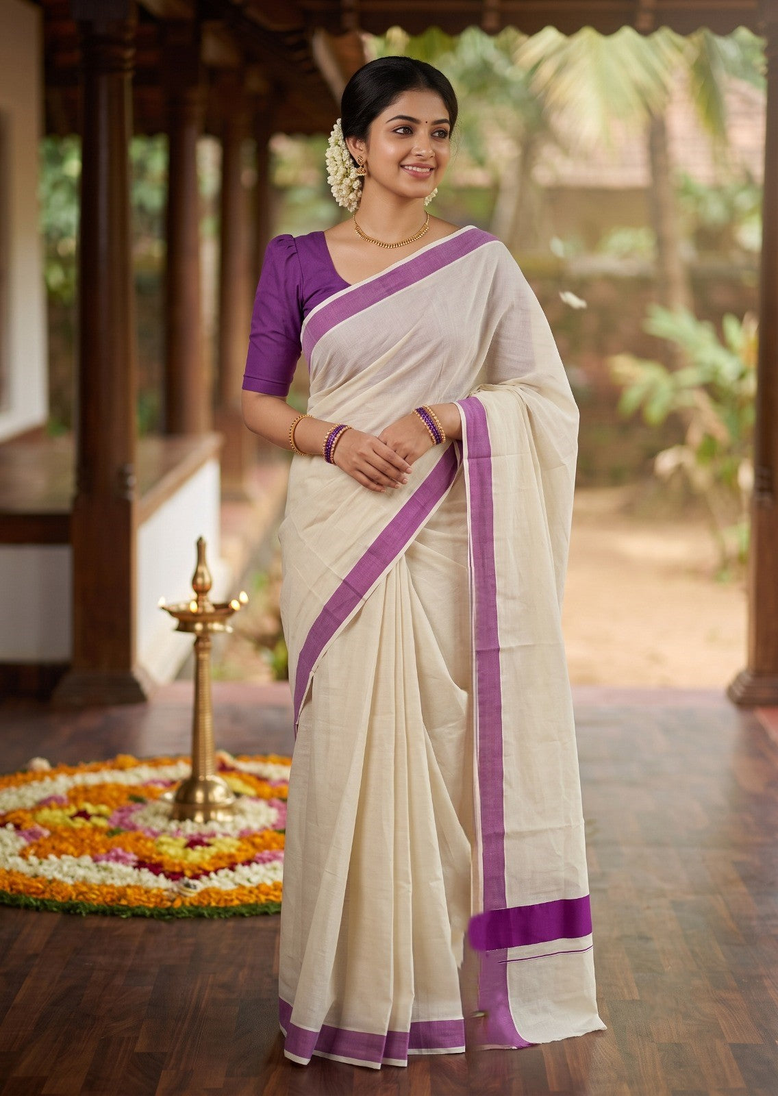 Southloom Kerala Pure Cotton Plain Kasavu Saree with Violet Border 3 inch