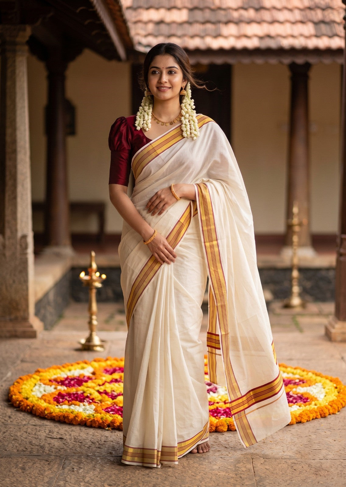 Southloom Kerala Cotton Kasavu Saree with Maroon Border