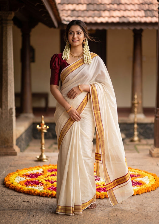 Southloom Kerala Cotton Kasavu Saree with Maroon Border